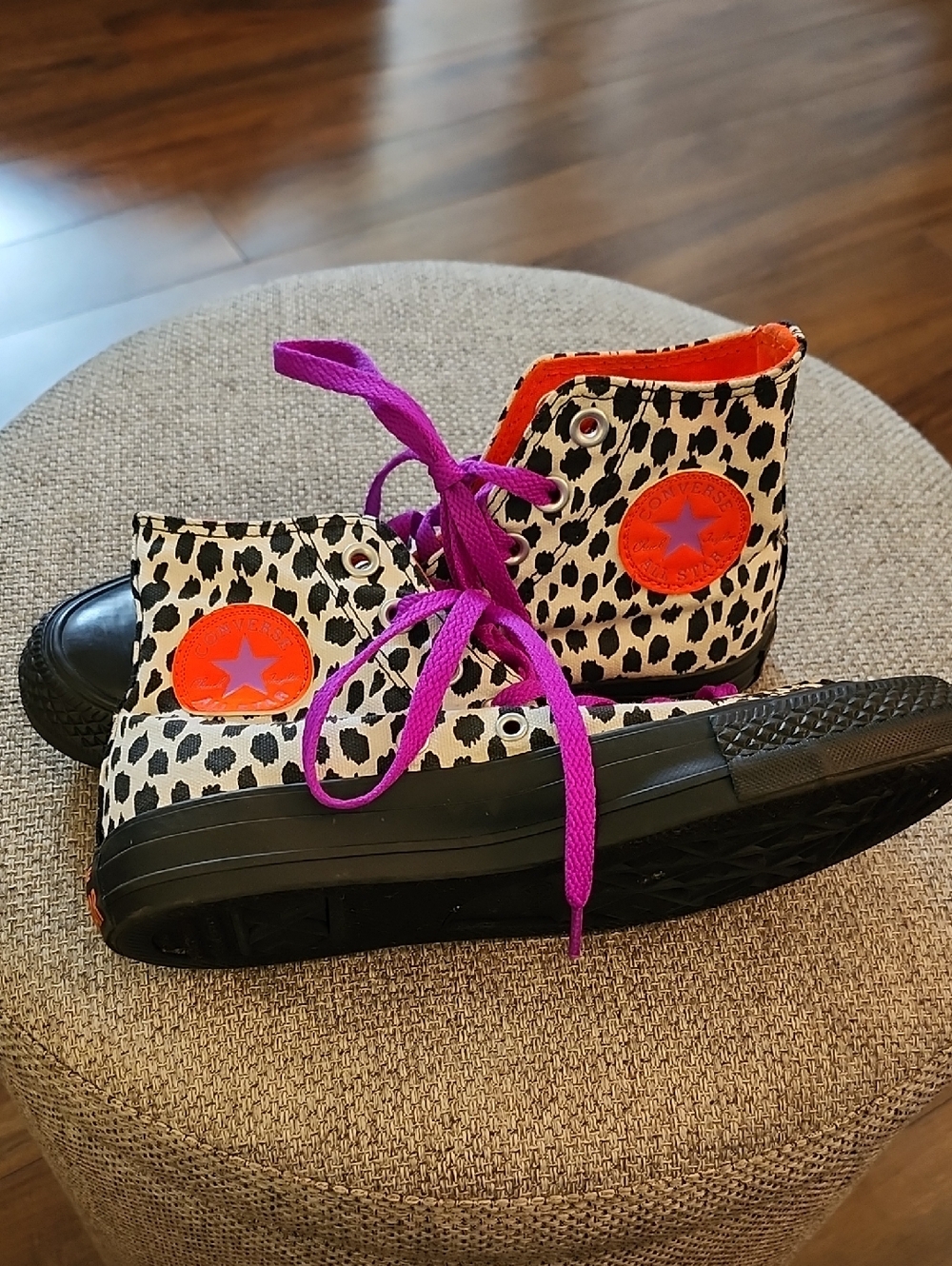 Converse Black & White Leopard High-Top Sneakers with Purple Laces
